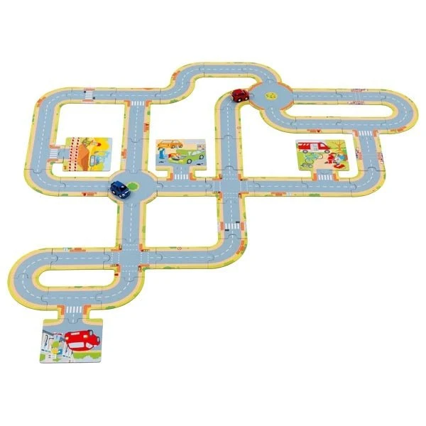 GOKI Spielstraße aus Pappe mit 2 Fahrzeugen – Modulare Rennstrecke
