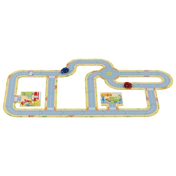 GOKI Spielstraße aus Pappe mit 2 Fahrzeugen – Modulare Rennstrecke