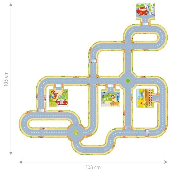 GOKI Spielstraße aus Pappe mit 2 Fahrzeugen – Modulare Rennstrecke