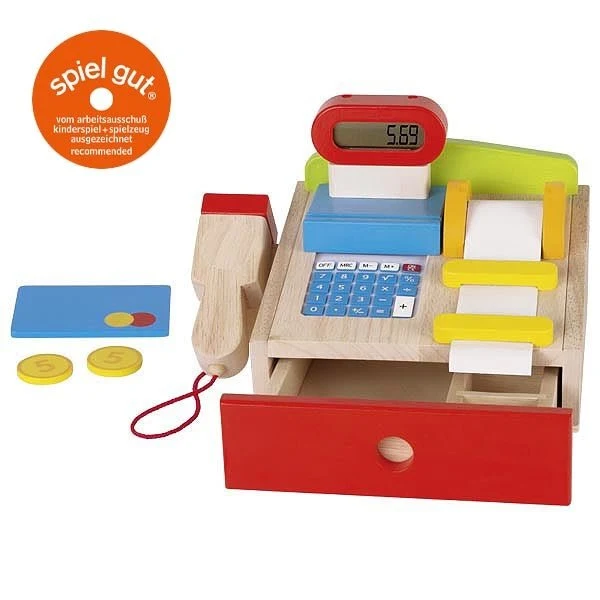 Spielkasse aus Holz mit Scanner und Kassenrolle
