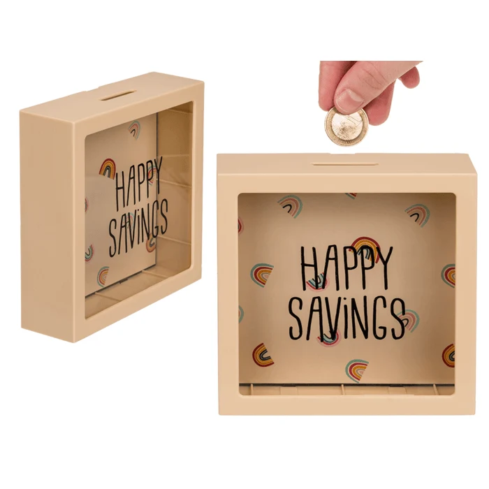 Cremefarbene Spardose mit Regenbögen "Happy Savings"