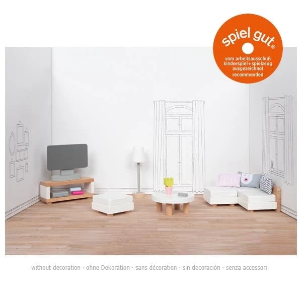 Goki Puppenhaus Zubehör Wohnzimmer Style aus Holz und Textil