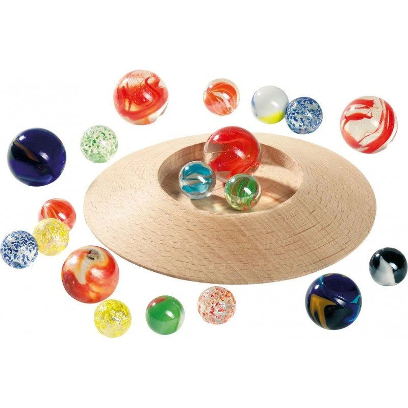 Goki Murmelspiel mit Holzteller aus Holz und Glas
